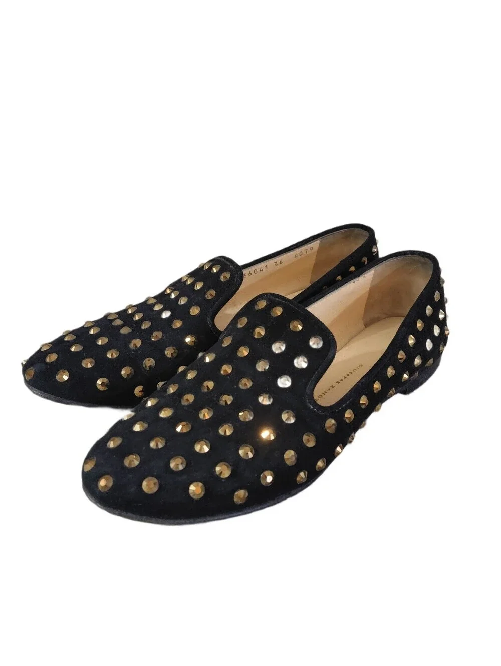 Giuseppe Zanotti Black Suede Gold Crystal Studded Slip-On Loafers Size 6